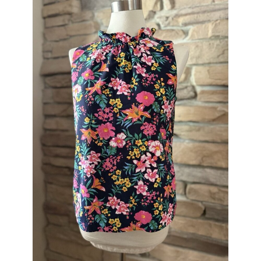 J. Crew Multicolored Tropical Print Sleeveless Ruffle Neck Blouse Top Size S